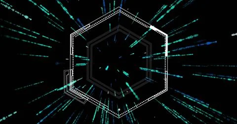 Hexagonal frame with blue and green light streaks image on black background Stock Illustration