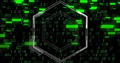 Hexagonal frame over green binary code and digital data processing image Foto stock