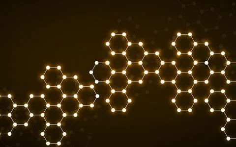 Hexagonal glowing molecules background, neon molecular structure of DNA. Vect Illustrazione stock