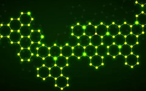 Hexagonal glowing molecules background, neon molecular structure of DNA. Ve.. Illustrazione stock