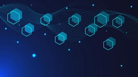 Hexagonal with glowing particles and wave flow Stock Illustration