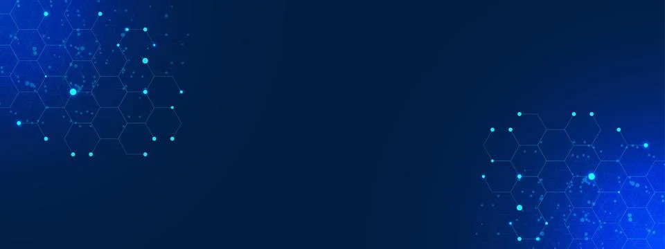 Hexagonal with glowing particles on blue background. Stock Illustration