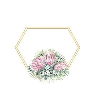 Hexagonal gold frame with protea flowers, tropical leaves, palm leaves Stock Illustration