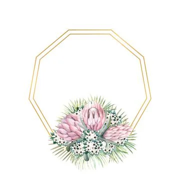 Hexagonal gold frame with protea flowers, tropical leaves, palm leaves Stock Illustration