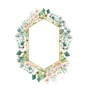 Hexagonal gold frame with small flowers of actinidia, bouvardia, tropical and Stock Illustration