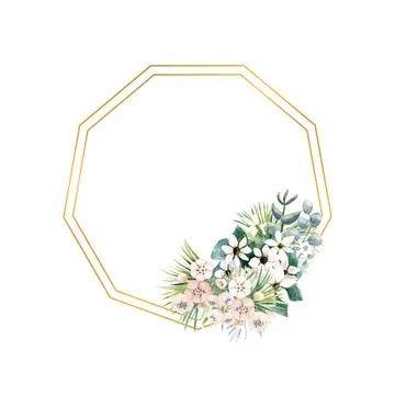 Hexagonal gold frame with small flowers of actinidia, bouvardia, tropical and Stock Illustration