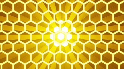 Hexagonal gold honeycomb with bright volume light. Lateral movement camera. S Video stock 100431731