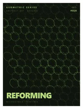 Hexagonal grid abstract art reforming microstock poster green circles. 스톡 일러스트