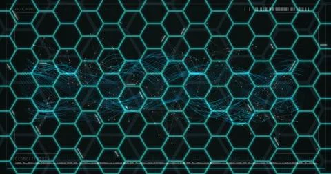 Hexagonal grid and digital wave image over dark background Stock Illustration