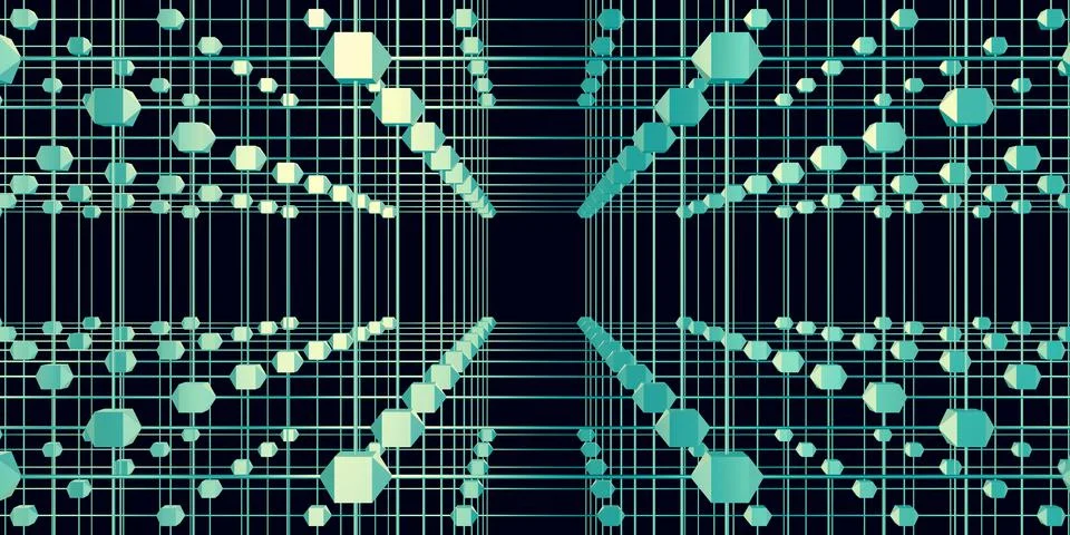 Hexagonal grid atomic structure cyberpunk style neon light 3d illustration Stock Illustration