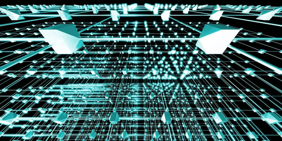 Hexagonal grid atomic structure cyberpunk style neon light 3d illustration Stock Illustration