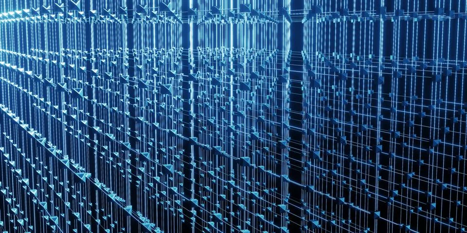 Hexagonal grid atomic structure cyberpunk style neon light 3d illustration Stock Illustration