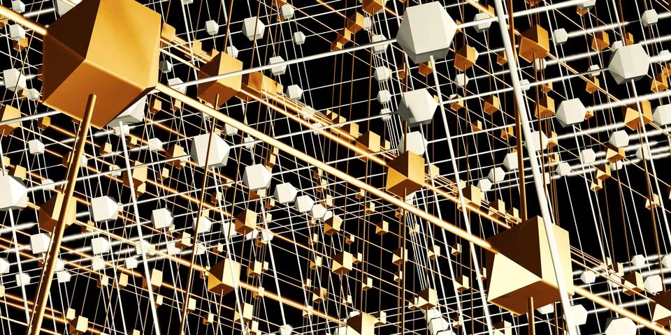 Hexagonal grid atomic structure cyberpunk style neon light 3d illustration Illustrazione stock