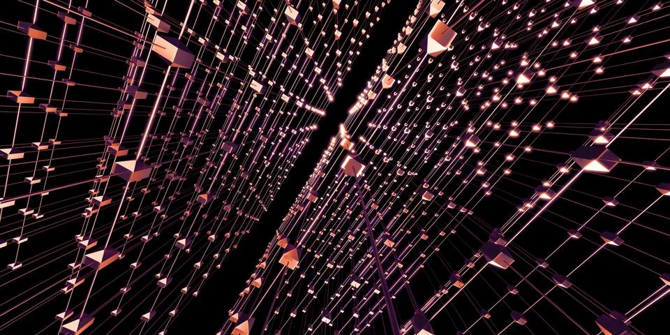 Hexagonal grid atomic structure cyberpunk style neon light 3d illustration Stock Illustration