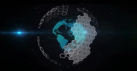 Hexagonal grid image forming over rotating globe on dark background 스톡 일러스트