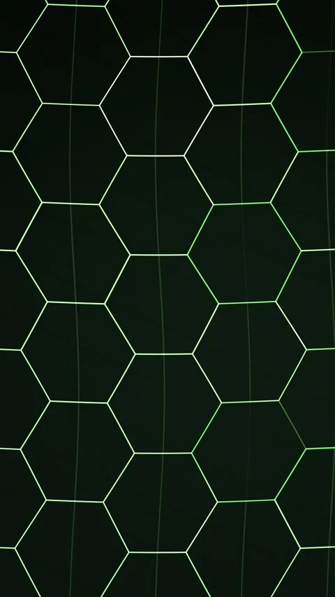 Hexagonal grid lines intersecting with green vertical streaks on black Stockbeeldmateriaal 331057429