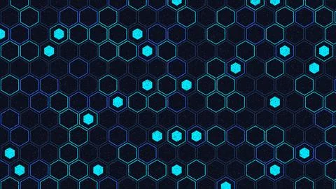 Hexagonal grid pattern with glowing dots and outlined cells on dark backgro.. Stock Illustration