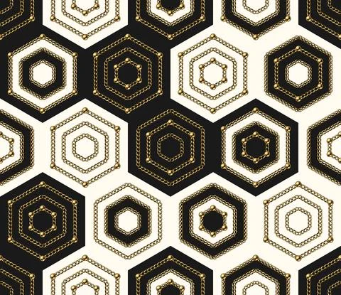Hexagonal grid seamless pattern with chain, beads Illustrazione stock