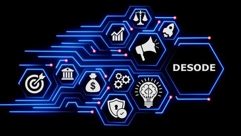 Hexagonal grid with text desode and various business icons. Stock Illustration