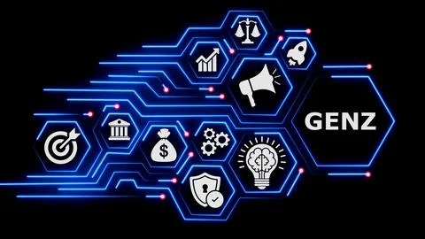 Hexagonal grid with text genz and various business icons. Stock Illustration