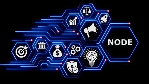 Hexagonal grid with text node and various business icons. Stock Illustration