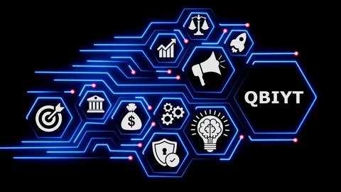 Hexagonal grid with text qbiyt and various business icons. Stock Illustration