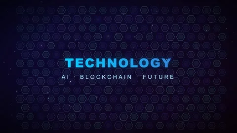 Hexagonal Grid Text Reveal Loop - Blue Blockchain &amp; AI Tech Backdrop Stock Footage 341568071