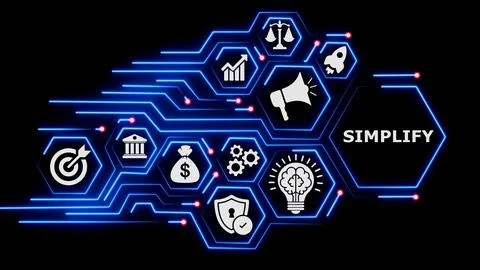 Hexagonal grid with text simplify and various business icons. Stock Illustration
