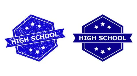 Hexagonal HIGH SCHOOL Stamp Seal with Corroded Texture and Clean Variant Stock Illustration