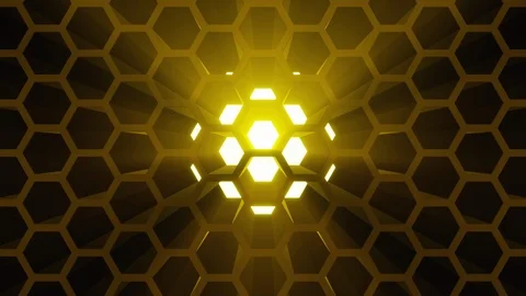 Hexagonal honeycomb with bright volume light. Vertical movement camera. Seaml Video stock 100431768