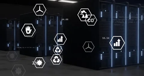 Hexagonal icons and data analytics animation over server room environment Stock Footage 304841064