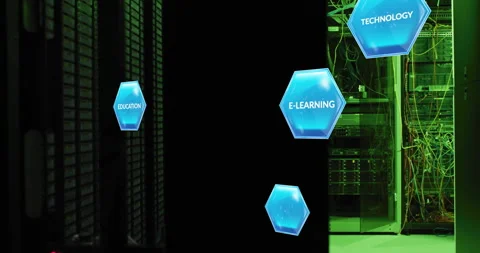 Hexagonal icons with EDUCATION, E-LEARNING, and TECHNOLOGY text animation over Stock Footage 306507577