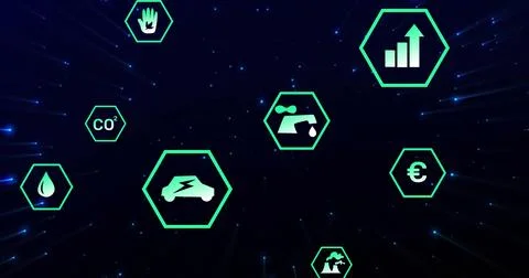 Hexagonal icons representing various technologies and metrics, futuristic image Illustrazione stock