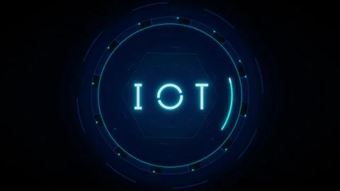 Hexagonal IOT with digital HUD and glowing blue circuit lines on a dark tec.. 動画素材 335826573