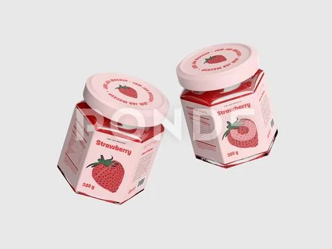 Hexagonal Jar Mockup. Strawberry Jam Packaging 3D Render. Template PSD