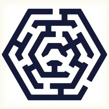 Hexagonal maze icon in flat and geometric style. Stock Illustration