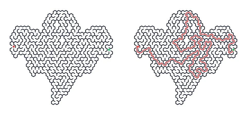 Hexagonal maze puzzle ghost shape with start and end point. Labyrinth game wi 스톡 일러스트