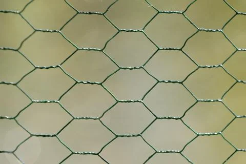 Hexagonal metal mesh on a green background. Foto stock