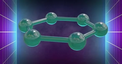 Hexagonal molecular structure image over cosmic background with glowing lines Stock Illustration