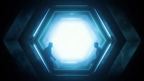 Hexagonal Neon &amp; Stone Tunnel 02 Stock Footage 293480932