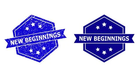 Hexagonal NEW BEGINNINGS Seal with Grunged Surface and Clean Variant Stock Illustration