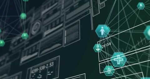 Hexagonal node icons linking with UI panels on VR interface, with label 26134, Stockillustratie