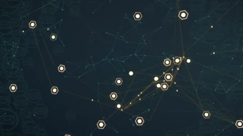Hexagonal nodes activating on data input, pulsing as golden links and dots Stock Footage 331736488