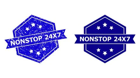 Hexagonal NONSTOP 24X7 Stamp Seal with Grunge Style and Clean Version Stock-Illustration