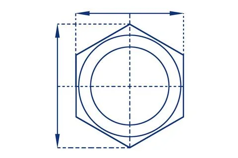 Hexagonal nut with bore is being shown in line drawing featuring dashed Stock Photos