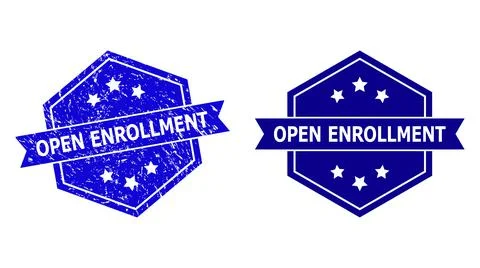 Hexagonal OPEN ENROLLMENT Stamp with Corroded Surface and Clean Variant Stock Illustration