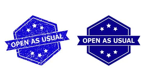Hexagonal OPEN AS USUAL Stamp Seal with Grunge Style and Clean Variant Stock Illustration