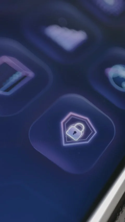 Hexagonal padlock and shield symbol glows on a purple smartphone control panel Stock Footage 342488398