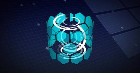 Hexagonal panel cylinder is floating in 3D render over grid with white rings for 스톡 일러스트