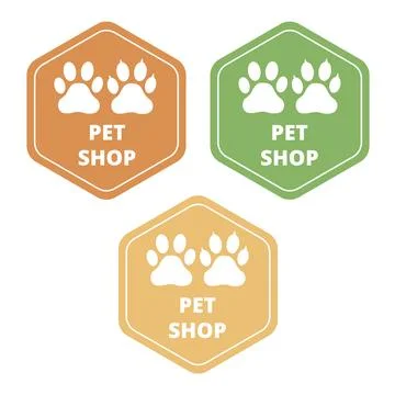 Hexagonal pastel colored pet shop signs with dog and cat paw prints and text Ilustração Stock